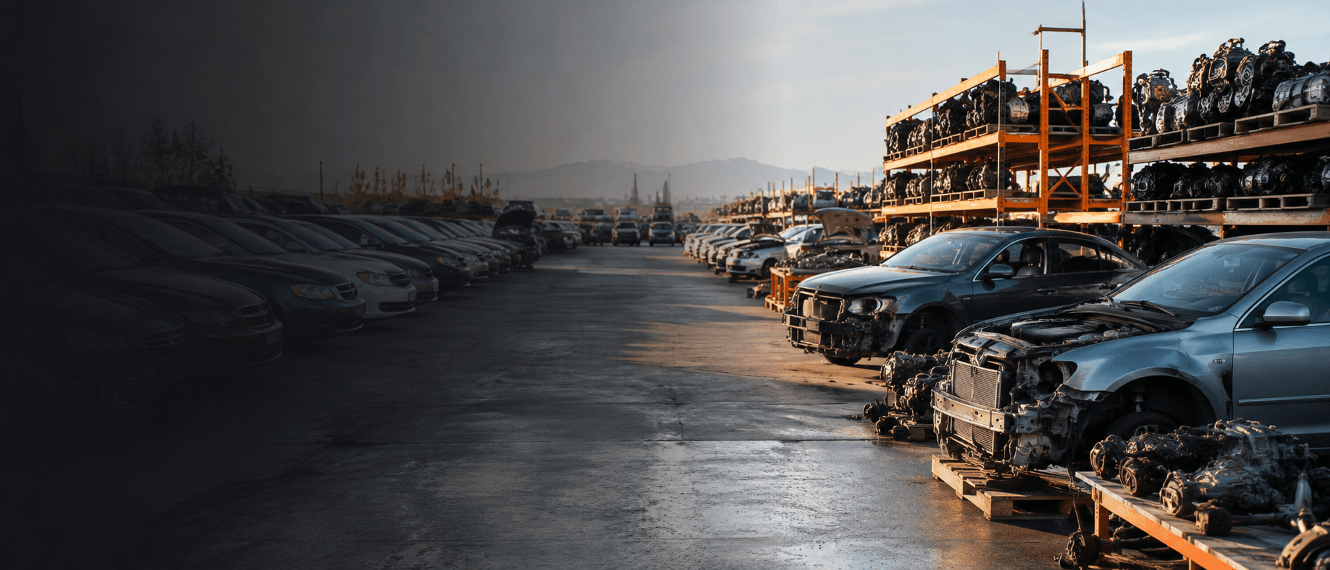 Salvage yard with rows of used vehicles awaiting recycling